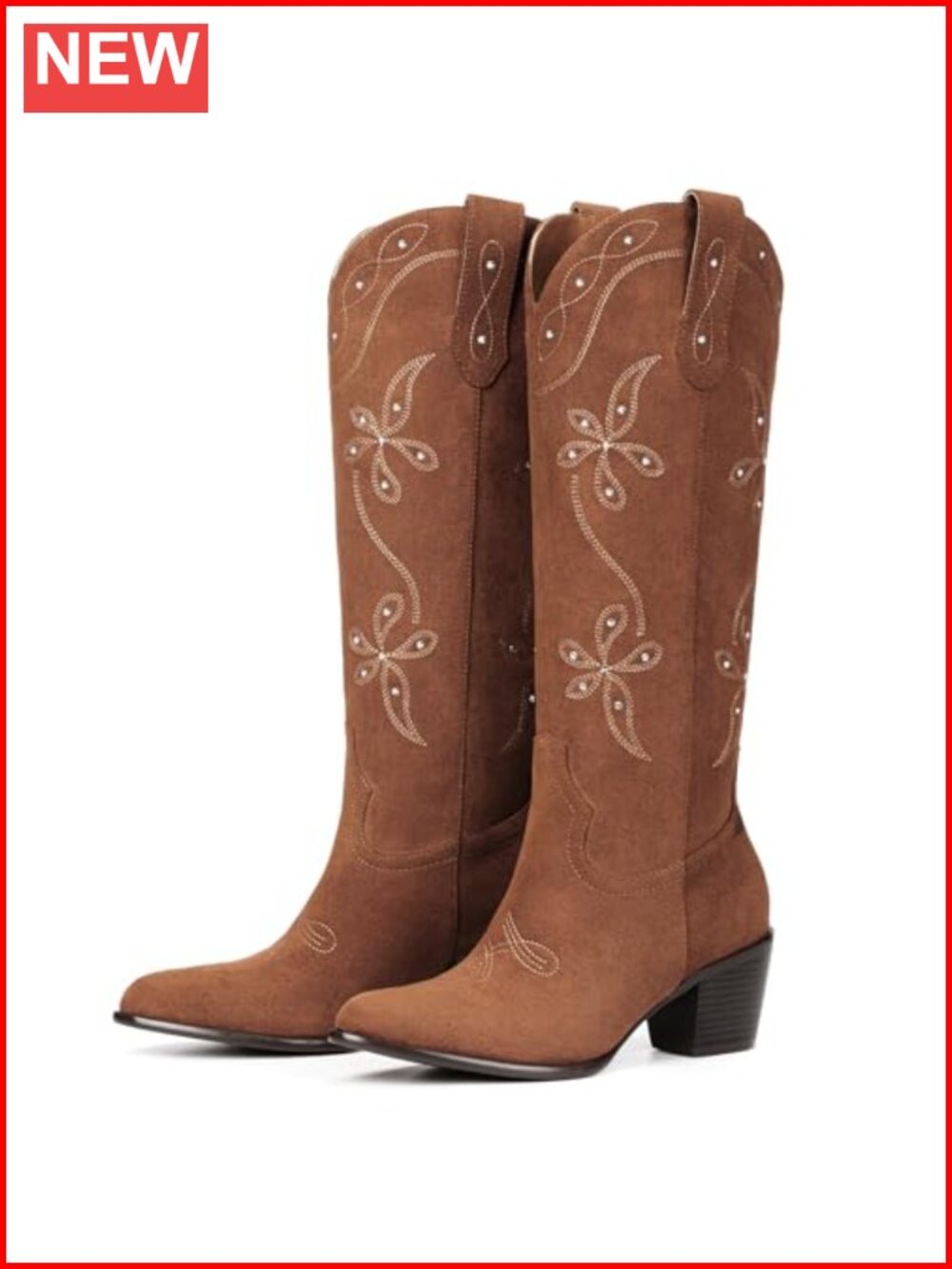 Knee High Cowboy Boots Women Faux Suede Pointed Toe Chunky Heel Pull On Western - Picture 4 of 5